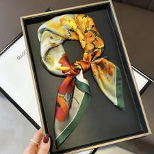 100 Silk Mulberry Neckerchief Women Orange Flower Vintage 27" Square Scarf Wrap