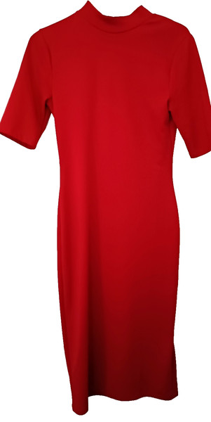 ZARA Red Mock Neck Midi Dress M Medium Bodycon Sheath Short Sleeve Work Party