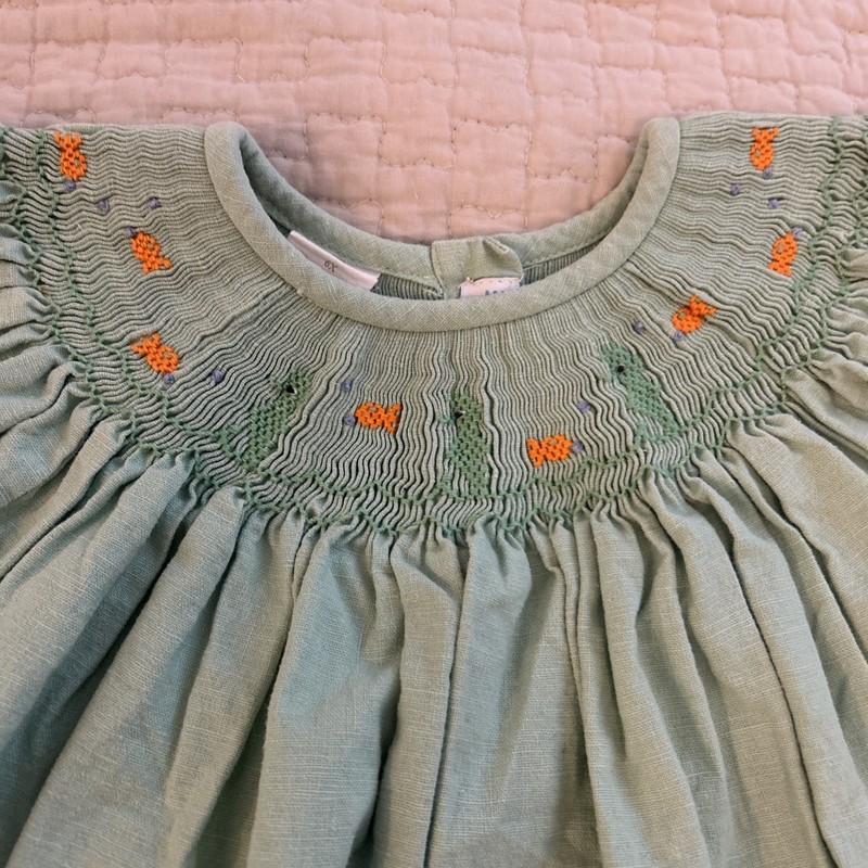 VIVE LA FETE Mint Green Seahorse Bishop Cotton Twill SMOCKED DRESS Sz 6X