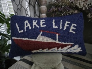 Lake Life 100% Wool  Hand Hooked Pillow Euc