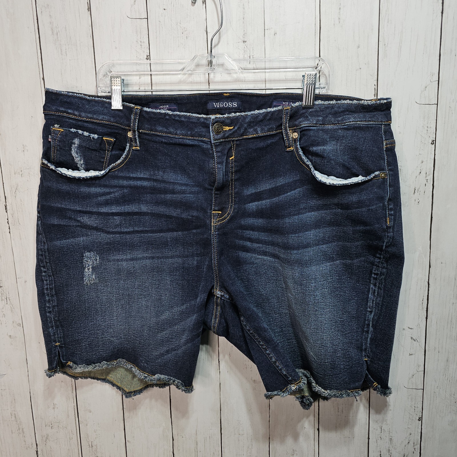 Vigoss Women's Dark Wash Distressed Raw Hem Jagger Denim Shorts Size 22W Stretch