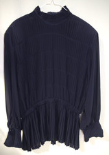 B6 vtg Louis Feraud Navy Blue Chiffon Vertical Pleated Blouse US 14 Hong Kong
