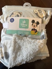 Disney Baby Mickey Mouse Blue Baby Blanket White Sherpa Security Lovey Plush NEW