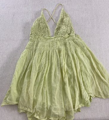 Free People Mini Dress Womens Small Green Smocked Halter Backless Self Tie Beach