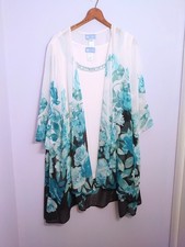 Vintage Koret Twin Set Sheer Kimono w/ Beaded Tank Aqua Blue Floral Women's 3X