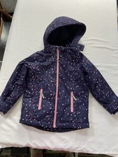 H&M Blue Padded Water Repellent Warm Jacket Pink Hearts Hooded Girls Size 5-6