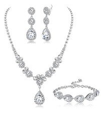 Jstyle Rhinestone Bridal Jewelry Set Necklace Bracelet Clip On Silver Tone