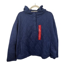 Lands End Womens XL Navy Blue Quilted Snap Neck Hoodie Pullover Sweatshirt NEW