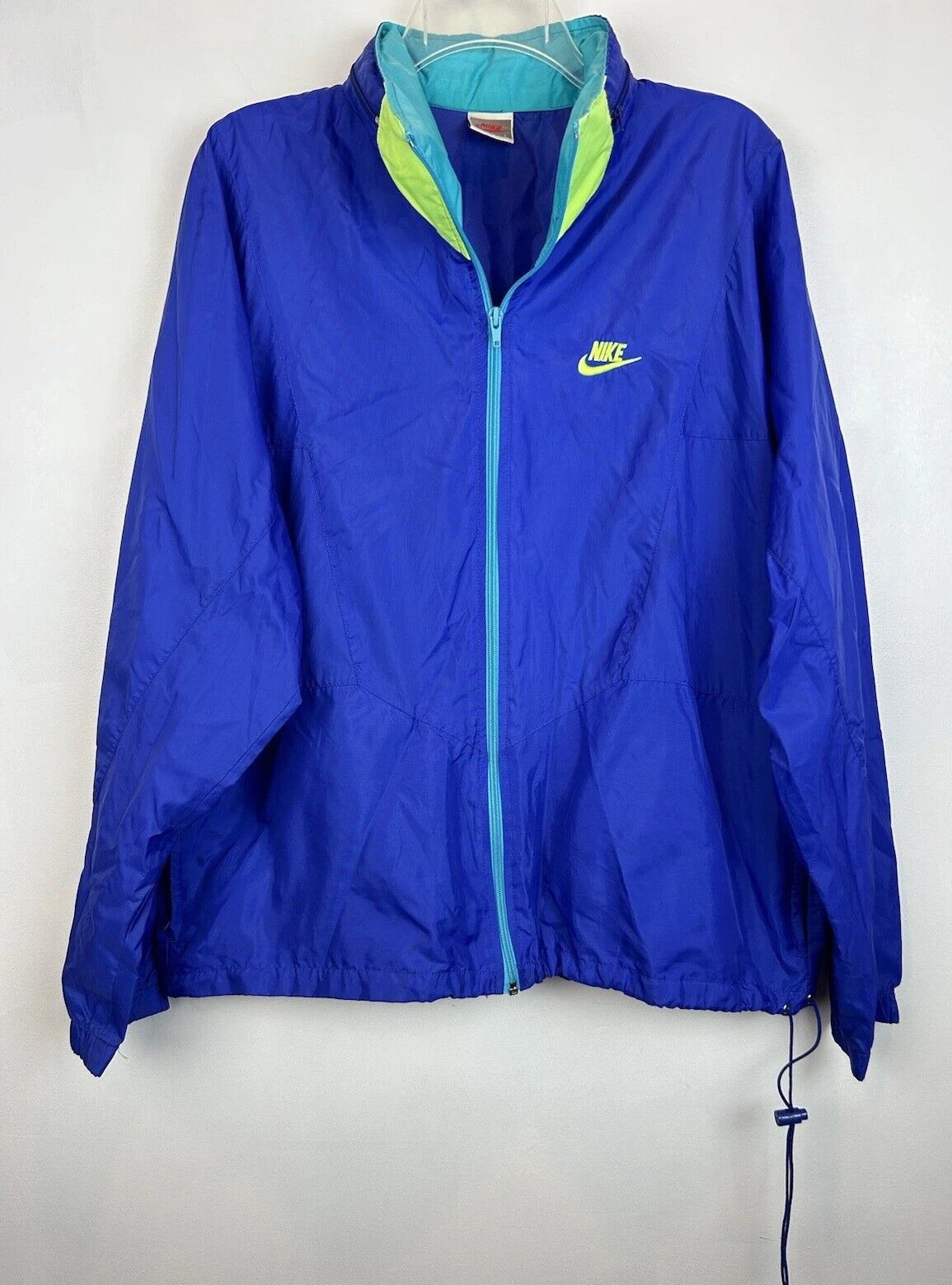 Nike Windbreaker Mens L Vtg Full Zip 90s Color Block Blue Roll Up Hood Vented