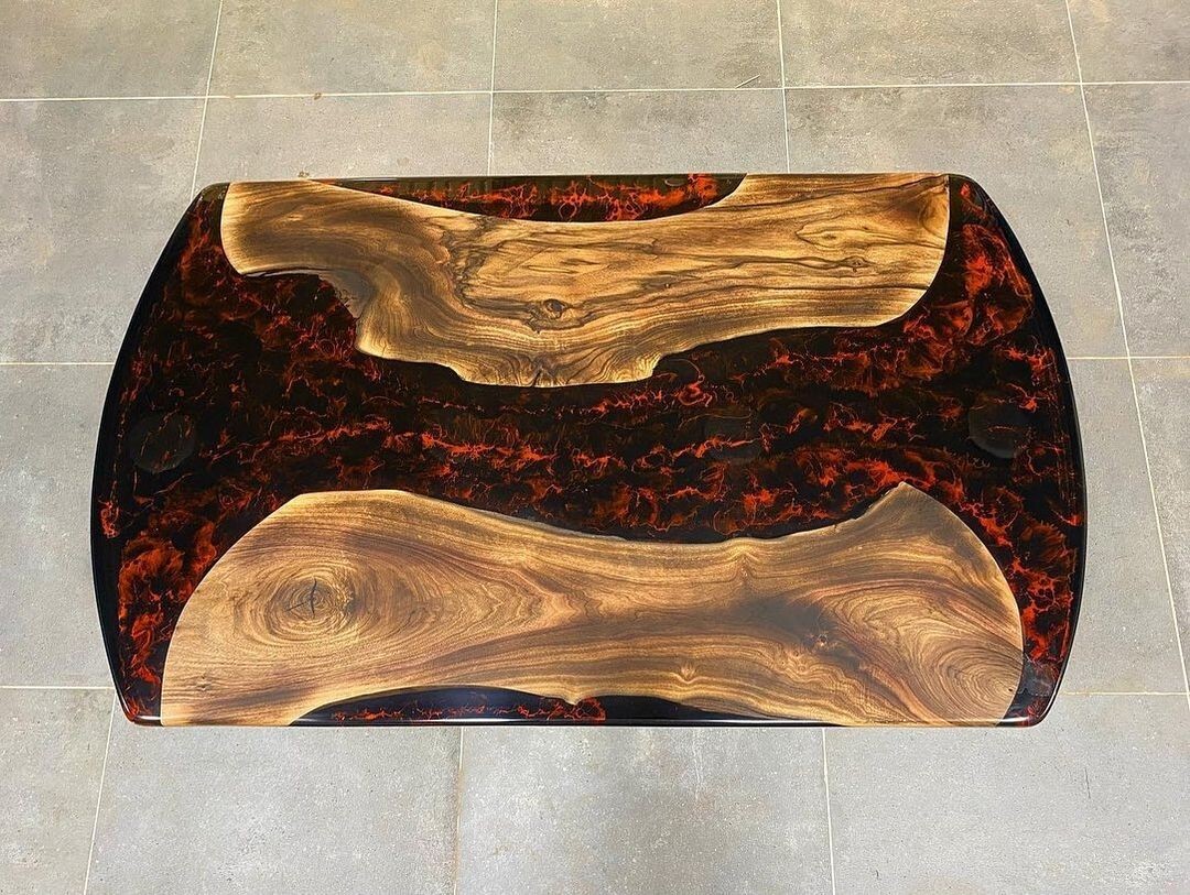 Dark Walnut Lava Flame Black & Red Epoxy River Table – Dining
