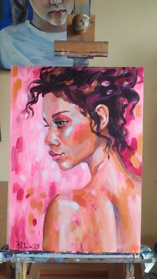 Acrylic original painting on panel with brunette woman portrait on