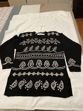 Robert Scott Ltd Hand Knit Black Crew Neck Tunic Beaded Embroidered S Vintage