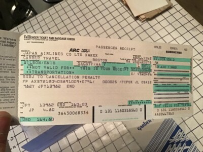 Vintage AIRLINE TICKETS to Japan 1995 w envelope - JAPAN AIRLINES