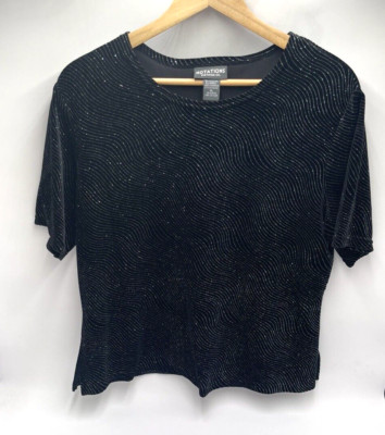 Notations Women's XL Black Velvet Silver Glitter Geometric Short Sleeve top