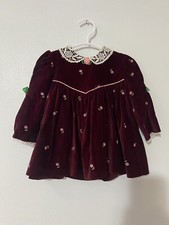 Vintage Baby Dress Size 18 Months Burgundy Velvet And Roses L84