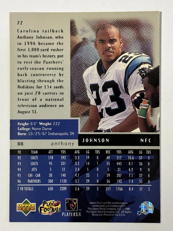 Anthony Johnson 1998 Upper Deck Black Diamond Triple #72 - Carolina Panthers - Image 2 of 2