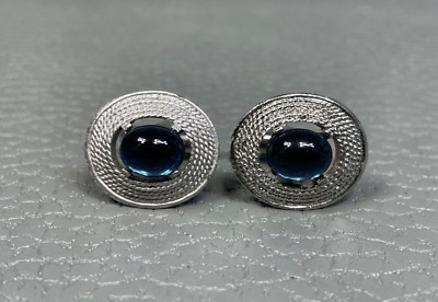 Vintage Concentric Scroll Border Blue Stone White Gold Plated Cuff Links