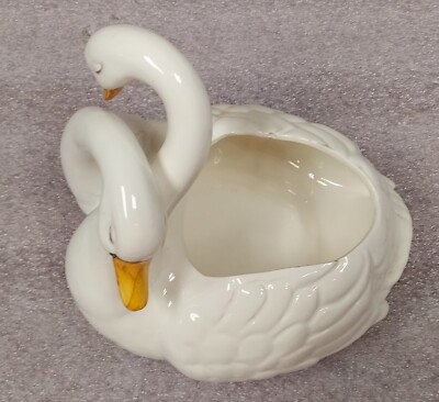 VINTAGE - 2 HEADED DOUBLE SWAN TRINKET BOX DISH - PORCELAIN - MADE