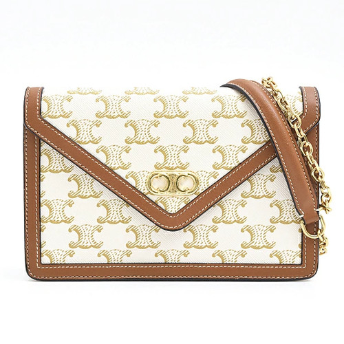 CELINE Bag Triomphe Chain Shoulder Bag Wallet Pochette 2Way Off White Brown