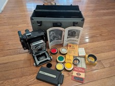 Vintage Miniature Graflex 2x3 Crown Graphic Camera with case and accessories