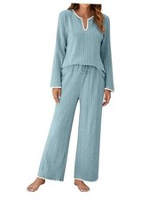 Womens 2 Piece Pajama Sets Fall Ribbed Color Block Lounge Set Small Light Blue