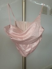 NWOT Tan Corset Satin Crop Top Fitted Bustier Cowl Neck Zip Up Women's Large