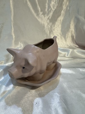 Vintage Pink Pig Hog Sow Flower Planter Plantar W Attached Plate 7 x 4.25''