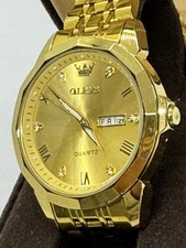 Olevs Gold Watch Men 41mm Day Date Prism Crystal 9931G Needs Battery 7.5”