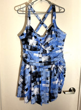 One Piece Skirted Swimsuit Women's Size 4XL Blue Patchwork Print Padded Bra New