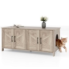 Cat Litter Box Enclosure for 2 Cats w/ Double Rooms Wooden Cat Washroom Cabinet