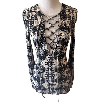 Free People Mai Tai Lace Up Top Womens XS Blue Tea Combo Boho Edgy