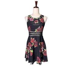 Free People Black Lace Rose Floral Fit & Flare Dress Romantic Goth Size 6