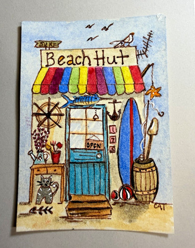 ACEO Original Watercolor “Seaside Beach Hut” POAK CynthiaDomanickArt 