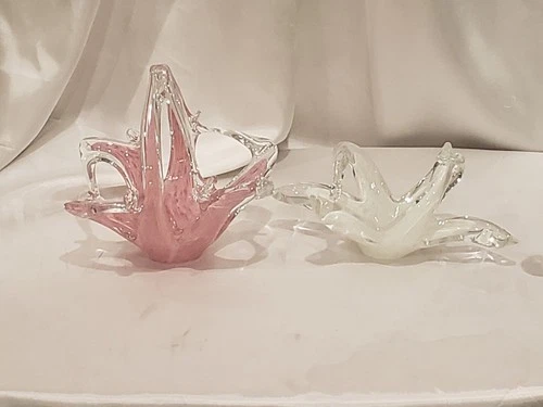Vintage 1990s Murano Art Glass Sculpture Candy Bowls Set of 2 Pink White