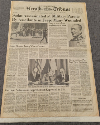 HEARLD TRIBUNE NEW YORK PRÄSIDENT SADAT ERMORD CIARO 7. OKTOBER 1981 ZEITUNG