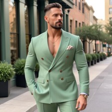 Men's Double Breasted 2 Piece Suit Slim fit Sage Green Casual Summer Suit