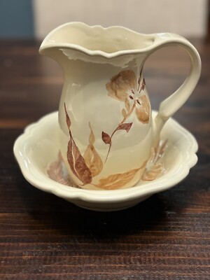 Vintage Royal Haeger #934 Pitcher and Bowl Set Fall Brown Cream Floral