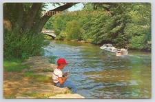 1961 Greetings from Brodhead Wisconsin Boy Fishing & Boat Sugar River Postcard