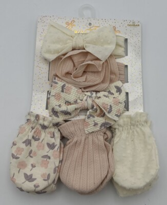 Dunbar Global Baby Girl Bow Fancy Headband & Mittens Set 3 Pack NEW