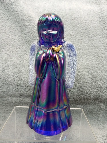 Fenton Blue Carnival Glass Angel With Frit Wings Gold Dove Praying Hands