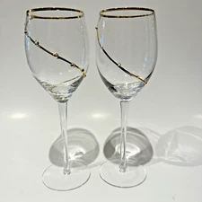 Set Of 2 PIER 1 GOLD DOT SWIRL RIM WHITE WINE /WATER GOBLET STEM 9 1/2”