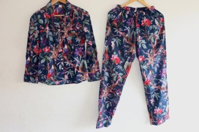 Indian 100%Cotton Bird Print PJ Set Bridesmaid Pajama Set Women Nightwear Suit