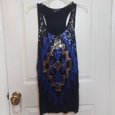 Forever 21 Blue Black Geometric Sequin Slip Party Mini Dress Racerback Tank Sz M
