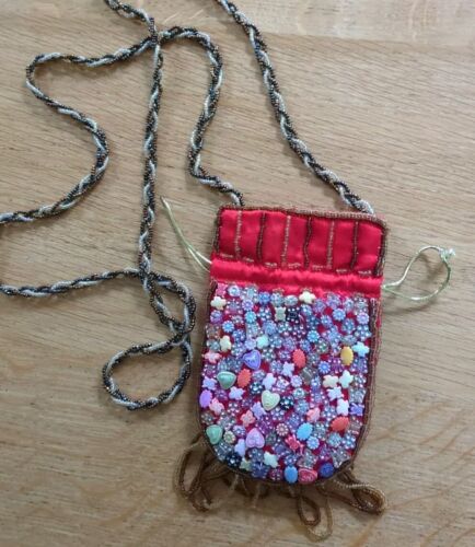 Beaded Fringed Sequined Red Cell Phone Cross Body Bag Purse Party - Picture 2 of 6