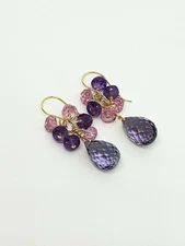 14k Yellow Gold Amethyst and Pink Topaz Cluster Waterfall Dangle Earrings