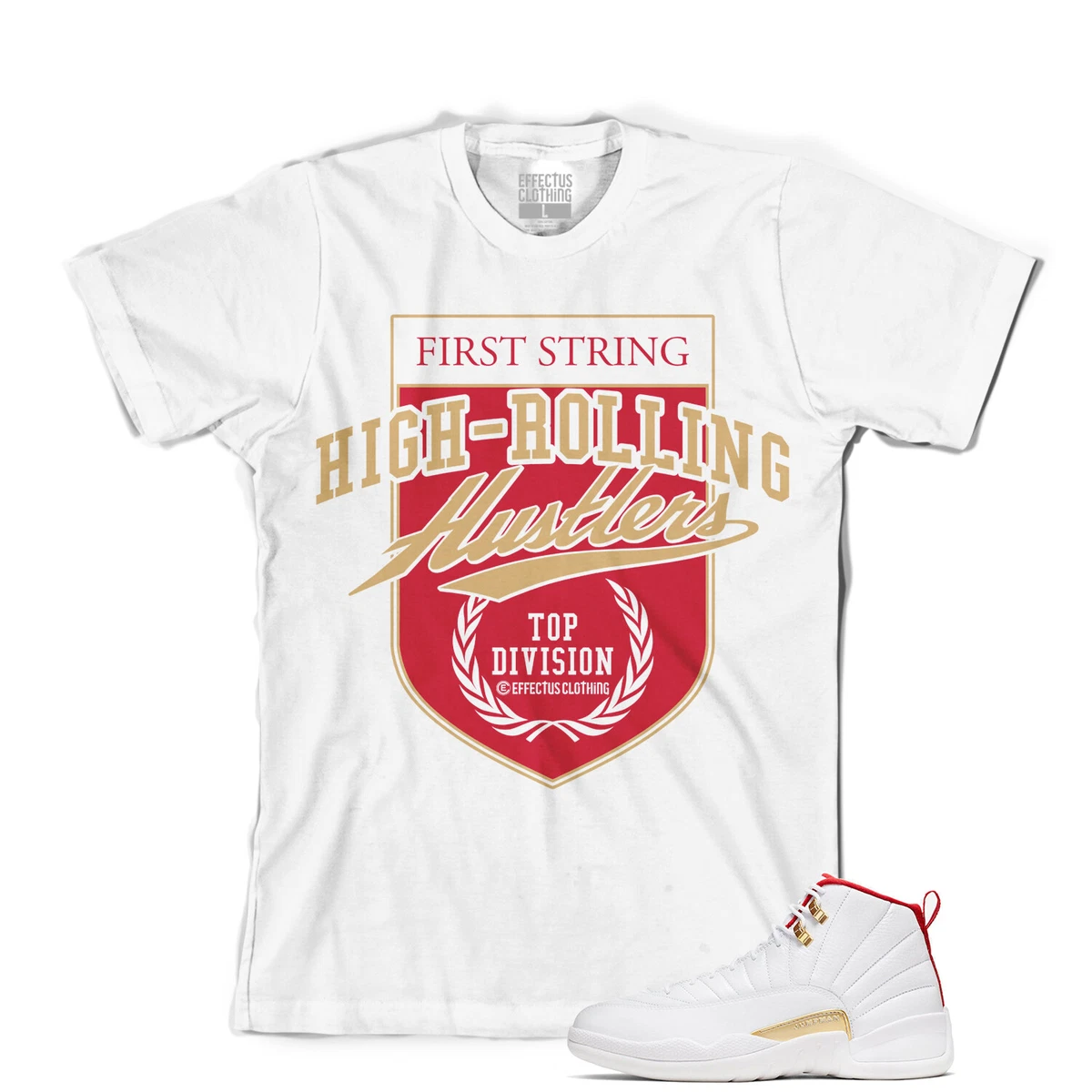 Tee to match Air Jordan Retro 12 FIBA Sneakers. Varsity Hustlers Tee