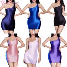 Women Minidress Exotic Nightdress Mini Dresses Micro Dress One Shoulder Shiny