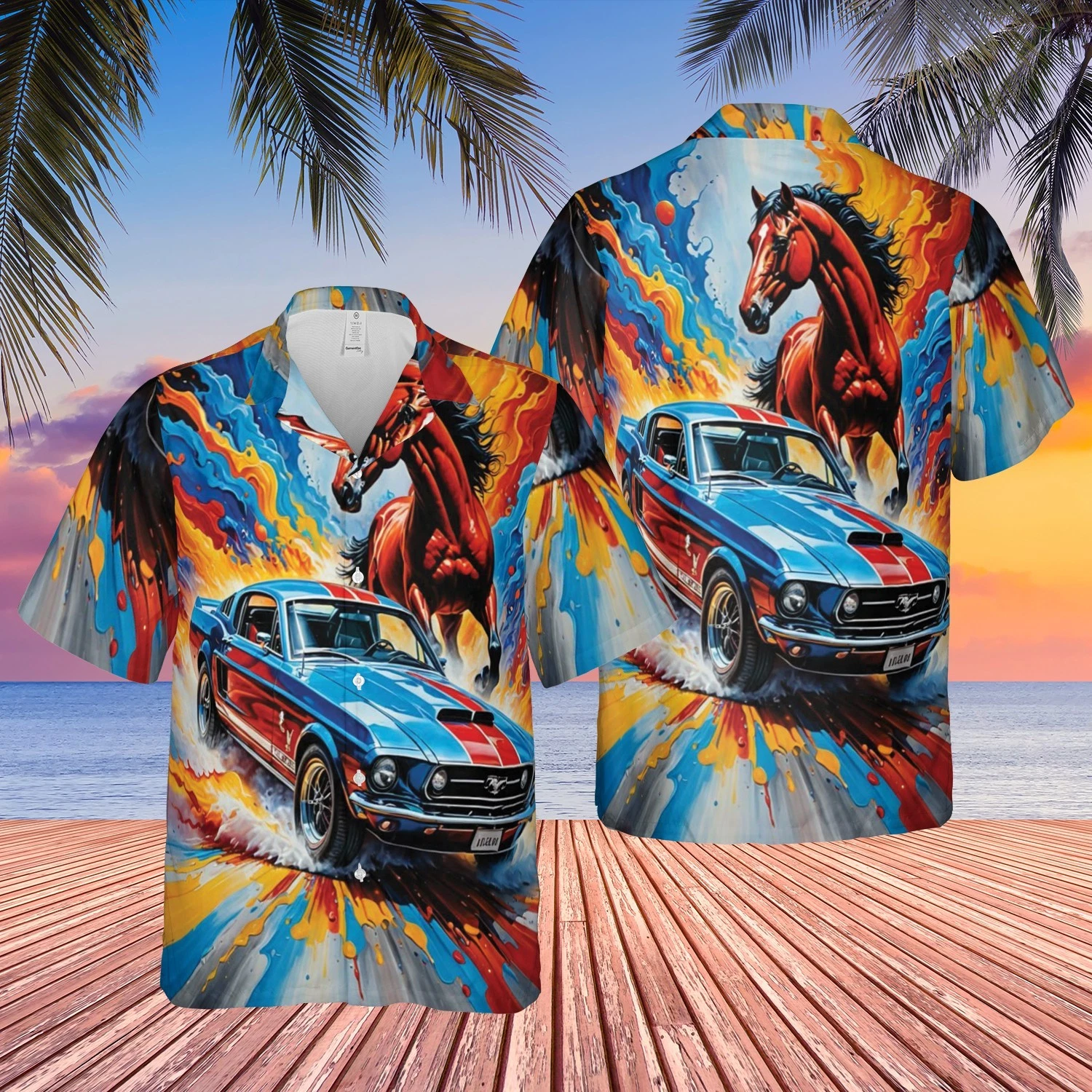 Epic Stallion & Muscle Car Hawaiian Shirt - Retro Pony Racing Graphic Button Up