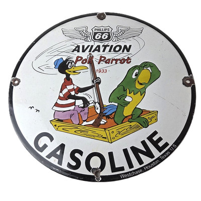 Vintage Phillips 66 Sign - Porcelain Poll Parrot Aviation Gas Pump Plate Sign