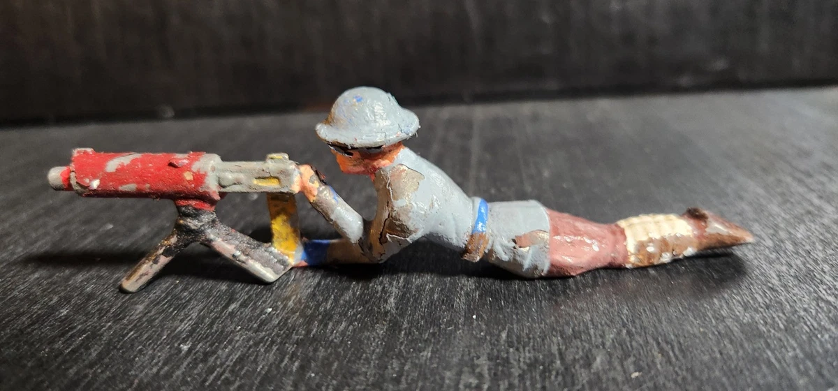 GREY IRON VINTAGE TOY SOLDIER PRONE MACHINE GUNNER G62 1930s SOLID ORIGINAL